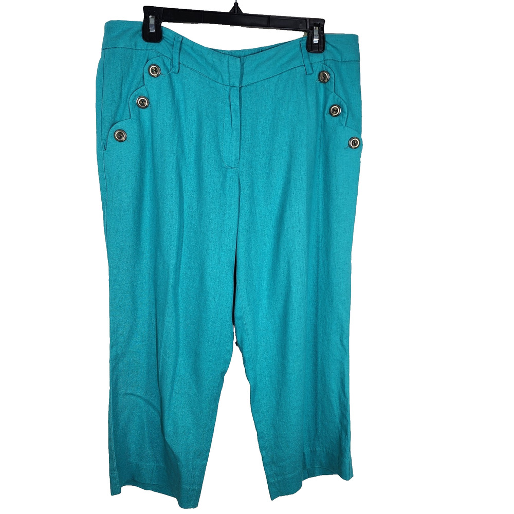 Zac & Rachel Womens Cropped Pants Size 12 Linen Blend Button Detail Pockets Blue